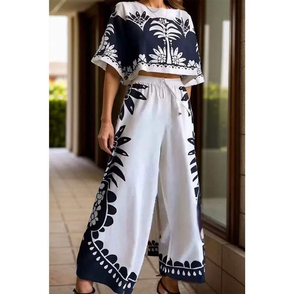Printed Half Sleeve Top and Wide Leg Pants Set - Picture 1 of 3